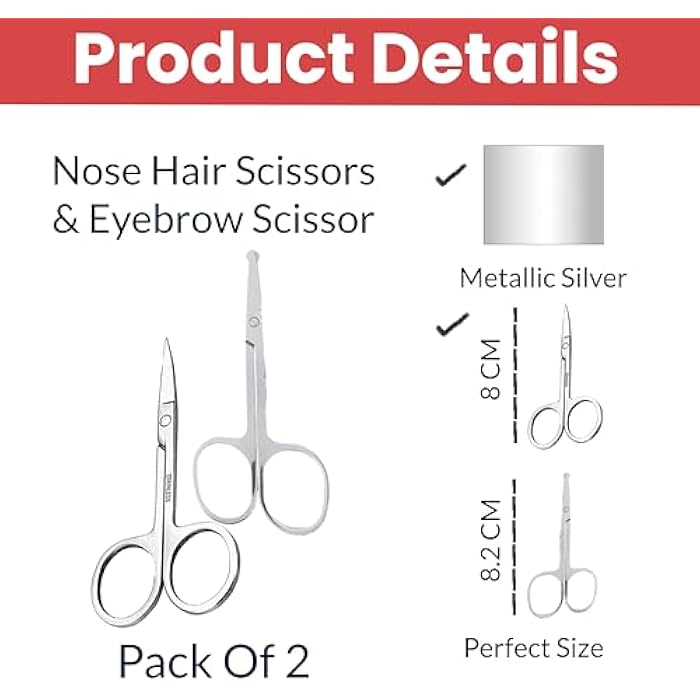 TEMPERIA Scissors for Moustache, Nose Hair, Beard, Eyebrow Cutting Trimming for Men & Women | Small Shaving & Grooming Scissor | Safety Design & Premium Non Rusting Metal | 1 Nasal & 1 Eyebrow Scissor - Image 2